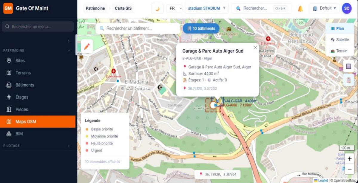 Logiciel GMAO GOMA : carte des bâtiments et équipements